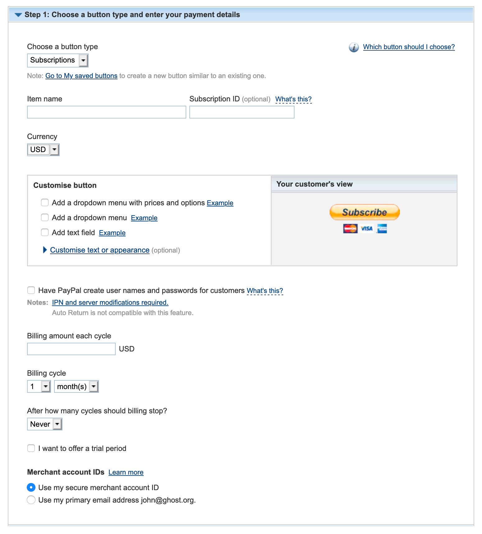 Creating a subscription buy button in PayPal