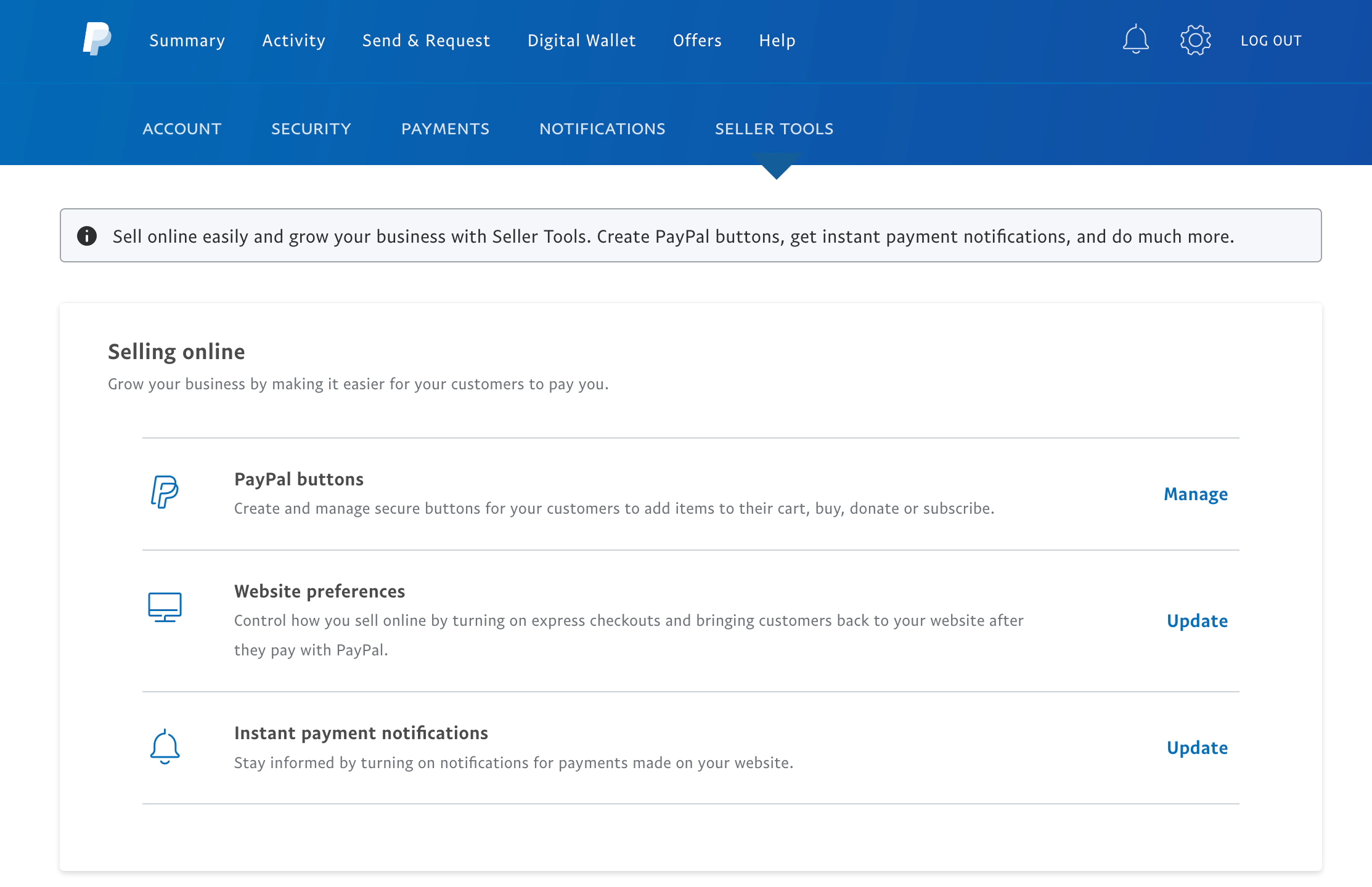 PayPal business dashboard - seller tools