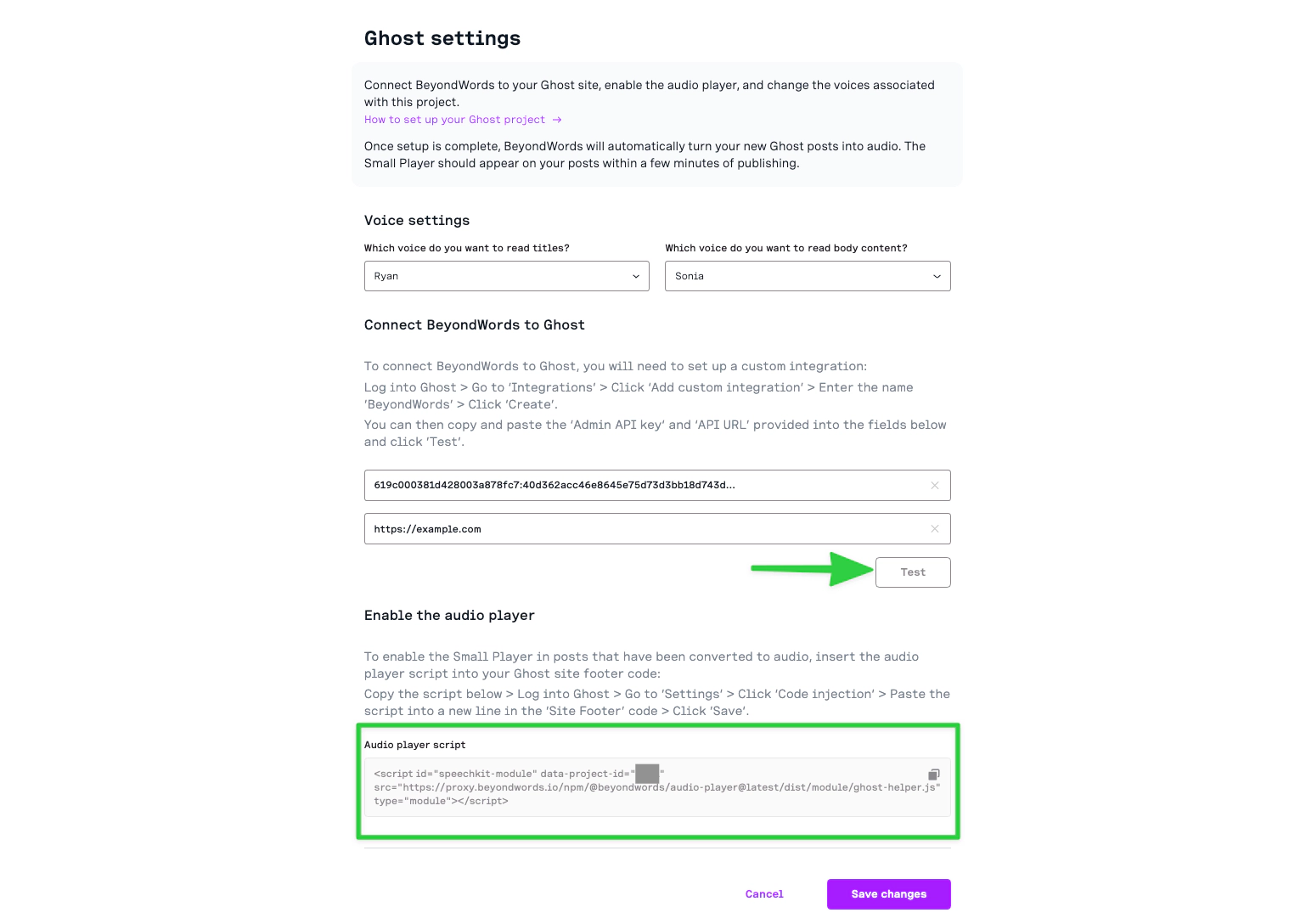 BeyondWords test integration and embed script